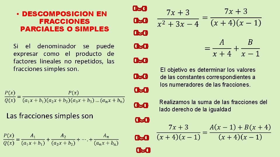  • DESCOMPOSICION EN FRACCIONES PARCIALES O SIMPLES Si el denominador se puede expresar