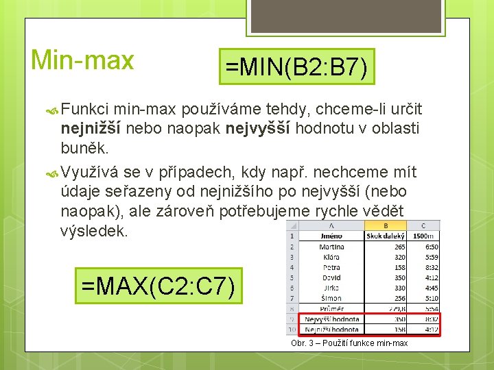 Min-max =MIN(B 2: B 7) Funkci min-max používáme tehdy, chceme-li určit nejnižší nebo naopak