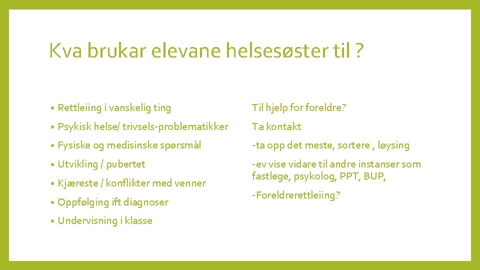 Kva brukar elevane helsesøster til ? • Rettleiing i vanskelig ting Til hjelp foreldre?