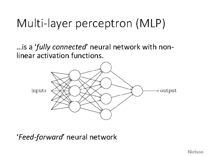 Multi-layer perceptron (MLP) …is a ‘fully connected’ neural network with nonlinear activation functions. ‘Feed-forward’