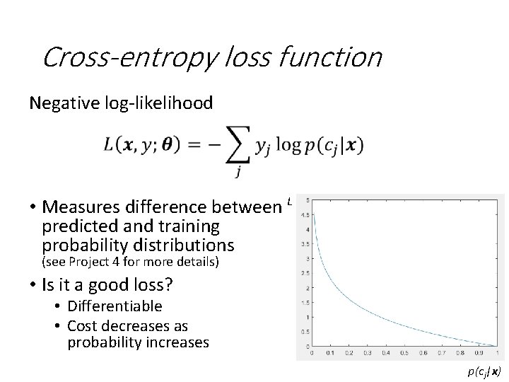 Cross-entropy loss function Negative log-likelihood • Measures difference between L predicted and training probability