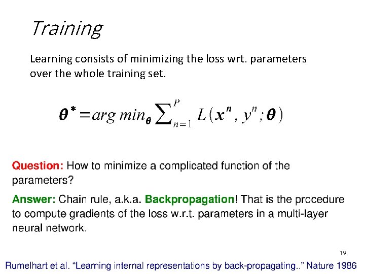 Training Learning consists of minimizing the loss wrt. parameters over the whole training set.