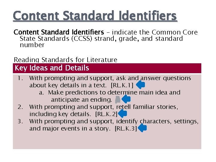 Content Standard Identifiers - indicate the Common Core State Standards (CCSS) strand, grade, and Content Standard Identifiers - indicate the Common Core State Standards (CCSS) strand, grade, and