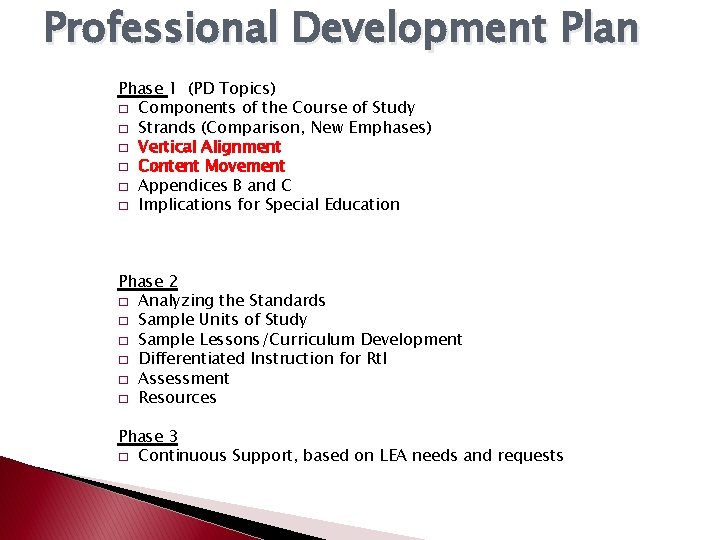Professional Development Plan Phase 1 (PD Topics) � Components of the Course of Study Professional Development Plan Phase 1 (PD Topics) � Components of the Course of Study