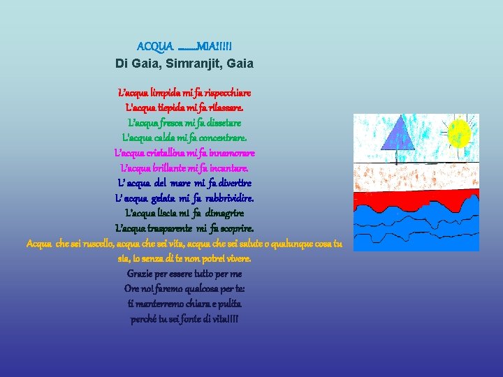 ACQUA ………MIA!!!!! Di Gaia, Simranjit, Gaia L’acqua limpida mi fa rispecchiare L’acqua tiepida mi