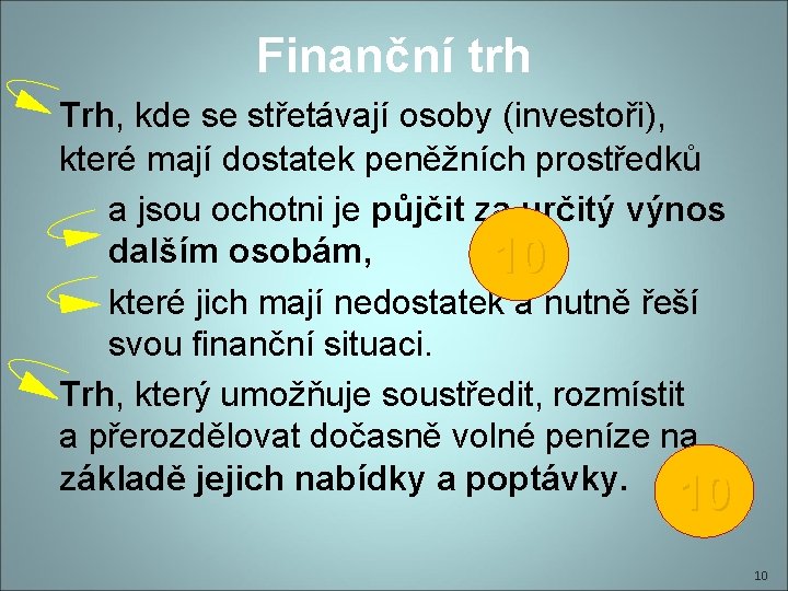 Finanční trh Trh, kde se střetávají osoby (investoři), které mají dostatek peněžních prostředků a