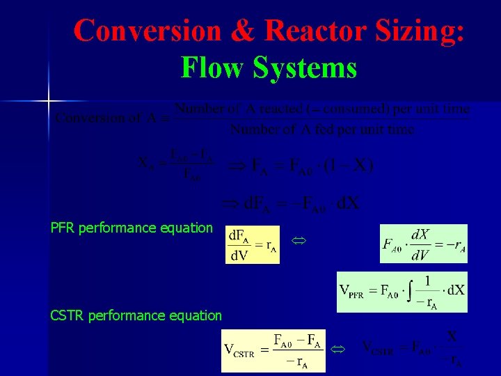 Conversion & Reactor Sizing: Flow Systems PFR performance equation CSTR performance equation 