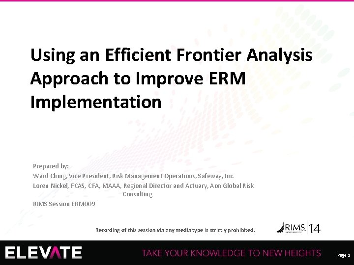 Using an Efficient Frontier Analysis Approach to Improve ERM Implementation Prepared by: Ward Ching,