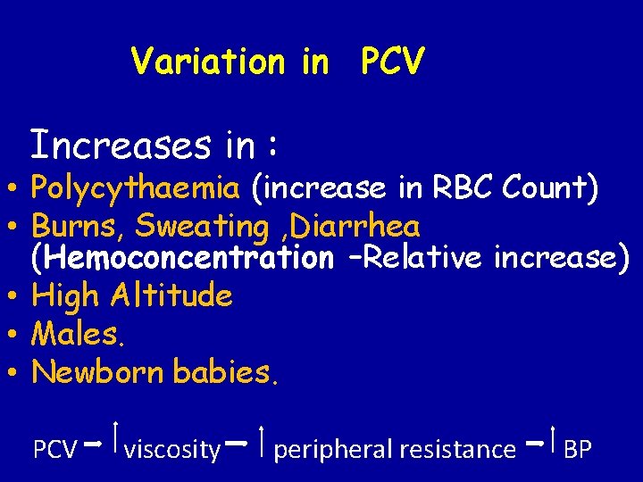 Variation in PCV Increases in : • Polycythaemia (increase in RBC Count) • Burns,