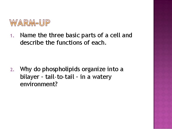 1. Name three basic parts of a cell and describe the functions of each.