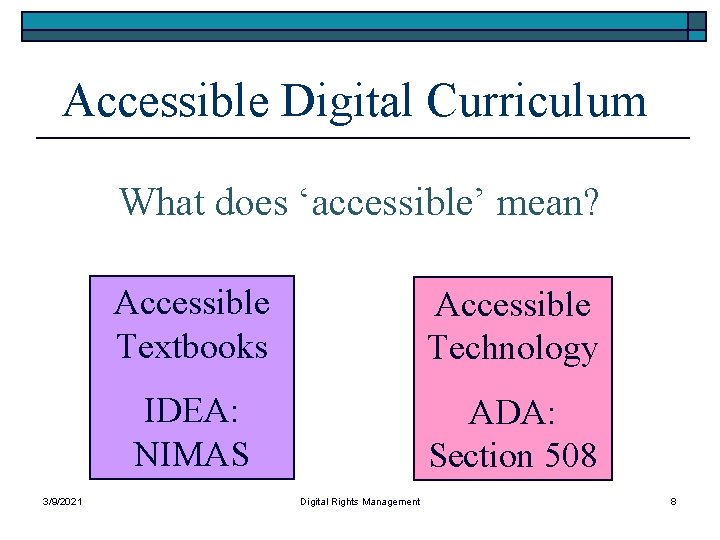Accessible Digital Curriculum What does ‘accessible’ mean? 3/9/2021 Accessible Textbooks Accessible Technology IDEA: NIMAS