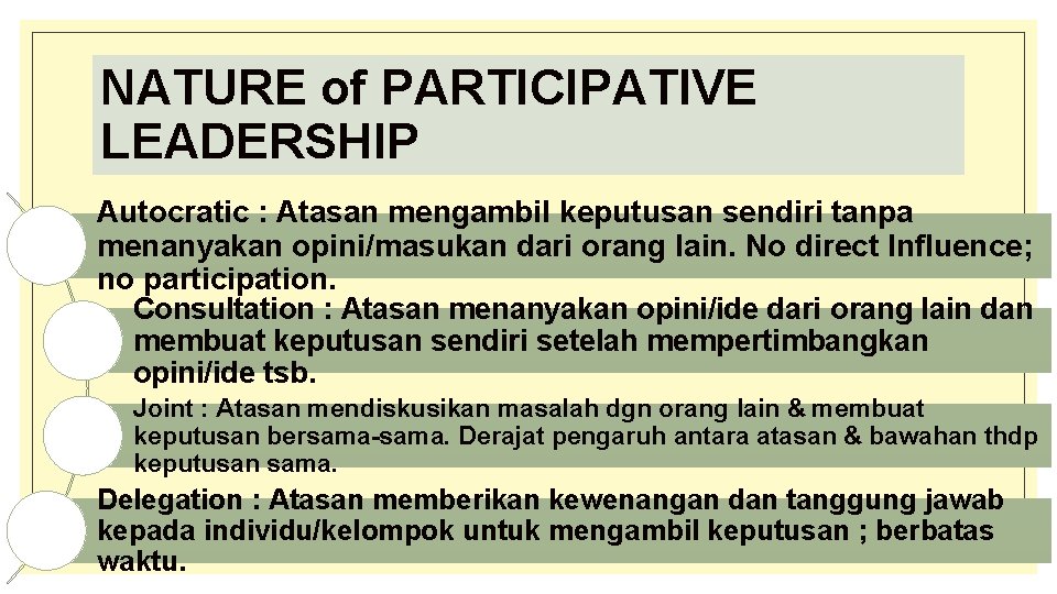 NATURE of PARTICIPATIVE LEADERSHIP Autocratic : Atasan mengambil keputusan sendiri tanpa menanyakan opini/masukan dari