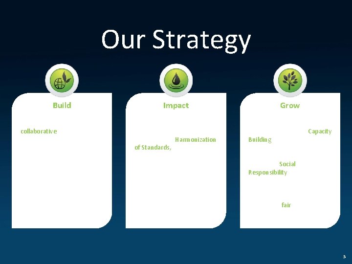 Our Strategy Build Impact Grow Create and support collaborative platforms that bring stakeholders together