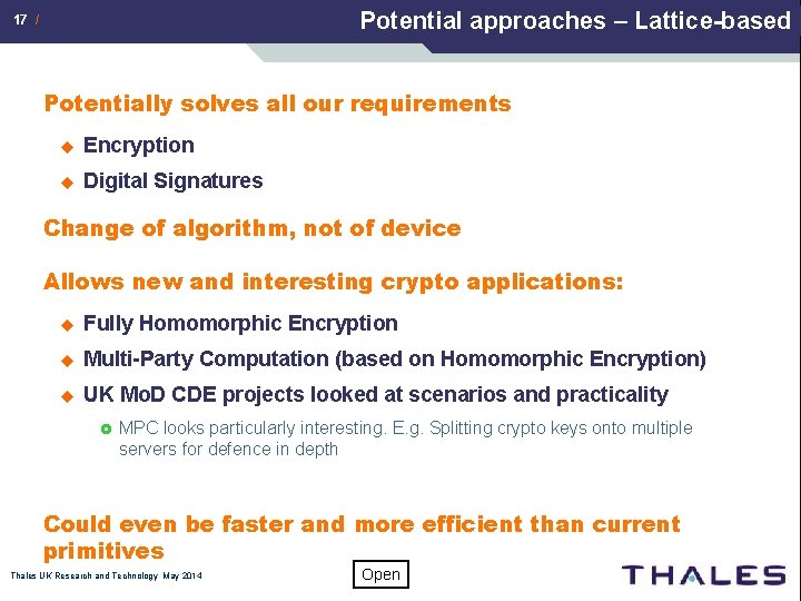Potential approaches – Lattice-based 17 / Potentially solves all our requirements u Encryption u