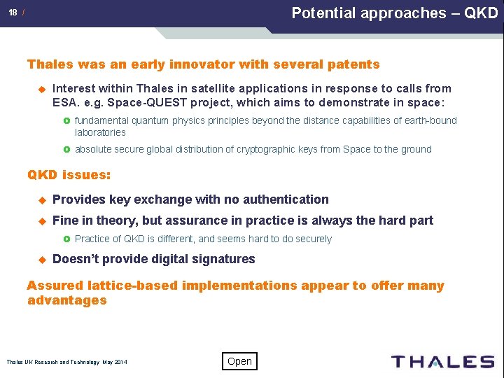 Potential approaches – QKD 18 / Thales was an early innovator with several patents