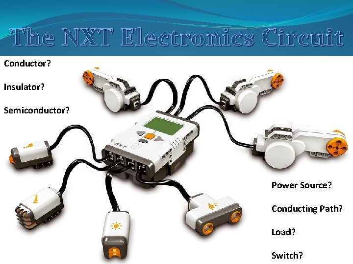 The NXT Electronics Circuit Conductor? Insulator? Semiconductor? Power Source? Conducting Path? Load? Switch? The NXT Electronics Circuit Conductor? Insulator? Semiconductor? Power Source? Conducting Path? Load? Switch?