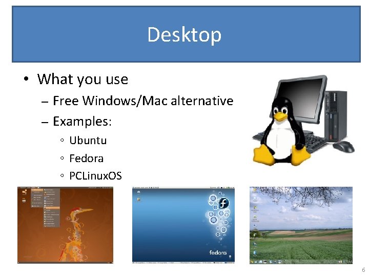 Desktop • What you use Free Windows/Mac alternative – Examples: – ◦ Ubuntu ◦
