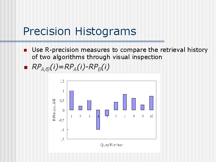 Precision Histograms n Use R-precision measures to compare the retrieval history of two algorithms