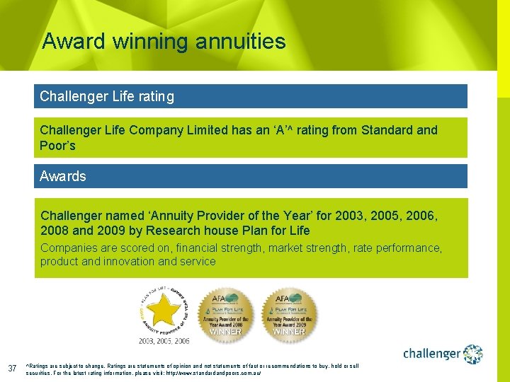 Award winning annuities Challenger Life rating Challenger Life Company Limited has an ‘A’^ rating