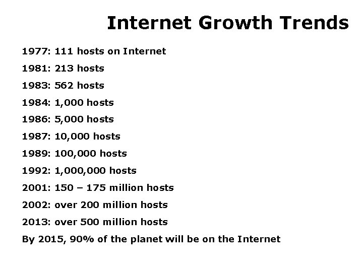 Internet Growth Trends 1977: 111 hosts on Internet 1981: 213 hosts 1983: 562 hosts