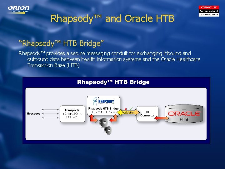 Rhapsody™ and Oracle HTB “Rhapsody™ HTB Bridge” Rhapsody™ provides a secure messaging conduit for