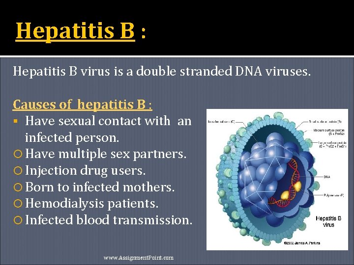 Hepatitis B : Hepatitis B virus is a double stranded DNA viruses. Causes of