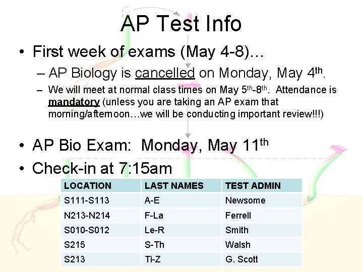 AP Test Info • First week of exams (May 4 -8)… – AP Biology