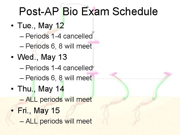 Post-AP Bio Exam Schedule • Tue. , May 12 – Periods 1 -4 cancelled