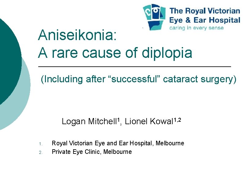 Aniseikonia: A rare cause of diplopia (Including after “successful” cataract surgery) Logan Mitchell 1, Aniseikonia: A rare cause of diplopia (Including after “successful” cataract surgery) Logan Mitchell 1,