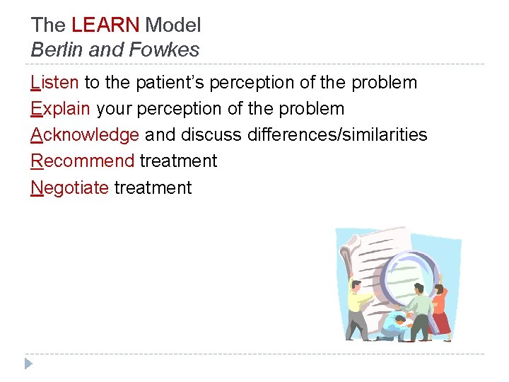 The LEARN Model Berlin and Fowkes Listen to the patient’s perception of the problem