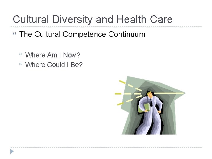 Cultural Diversity and Health Care The Cultural Competence Continuum Where Am I Now? Where