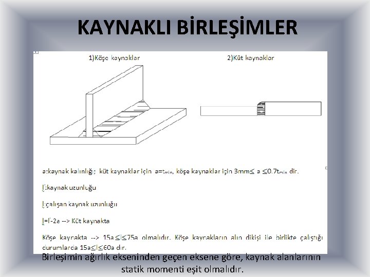 KAYNAKLI BİRLEŞİMLER Birleşimin ağırlık ekseninden geçen eksene göre, kaynak alanlarının statik momenti eşit olmalıdır.