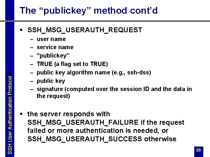 The “publickey” method cont’d SSH User Authentication Protocol § SSH_MSG_USERAUTH_REQUEST – – – –