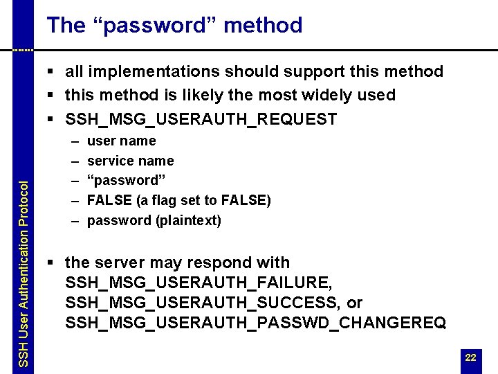 The “password” method SSH User Authentication Protocol § all implementations should support this method