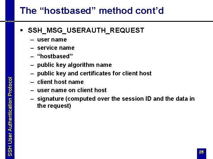 The “hostbased” method cont’d SSH User Authentication Protocol § SSH_MSG_USERAUTH_REQUEST – – – –