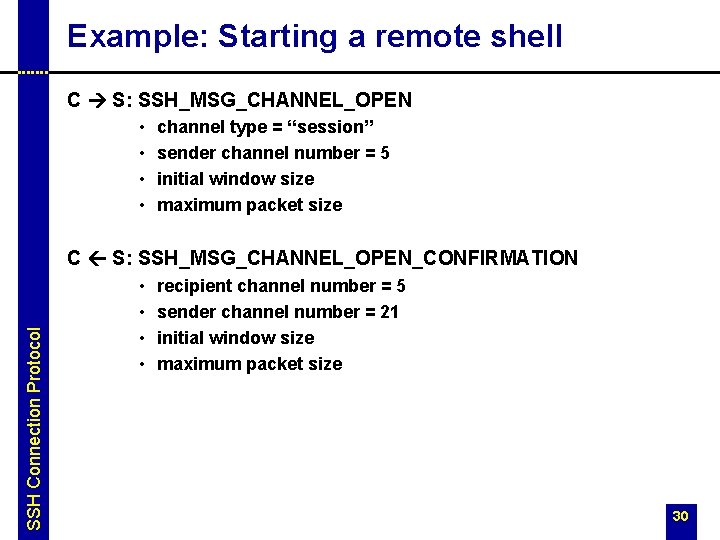 Example: Starting a remote shell C S: SSH_MSG_CHANNEL_OPEN • • channel type = “session”