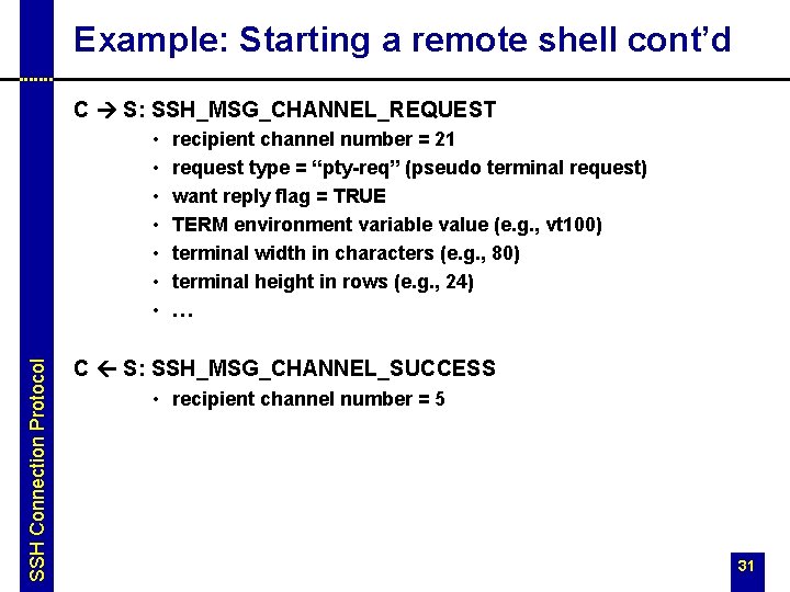 Example: Starting a remote shell cont’d C S: SSH_MSG_CHANNEL_REQUEST SSH Connection Protocol • •