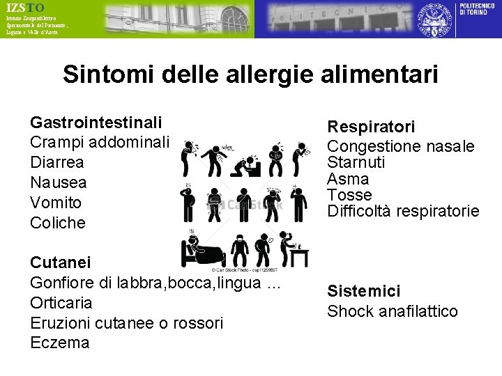 IZSTO Istituto Zooprofilattico Sperimentale del Piemonte, Liguria e Valle d’Aosta Sintomi delle allergie alimentari