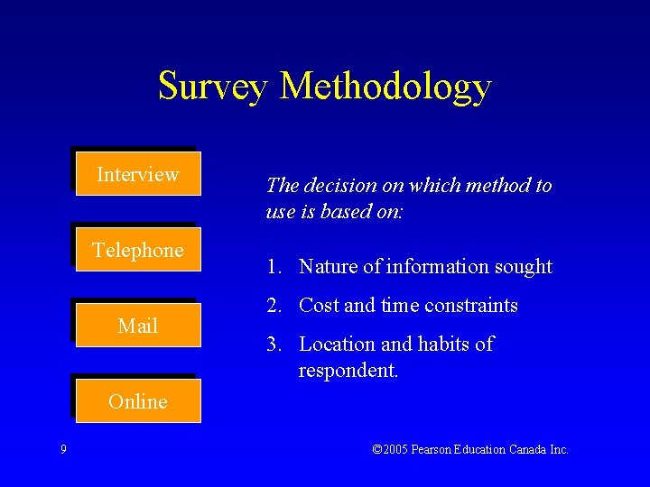 Survey Methodology Interview Telephone Mail The decision on which method to use is based