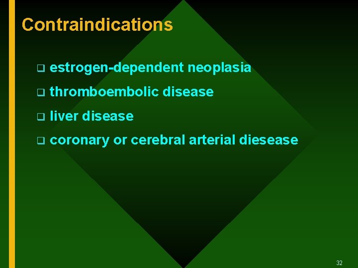 Contraindications q estrogen-dependent neoplasia q thromboembolic disease q liver disease q coronary or cerebral