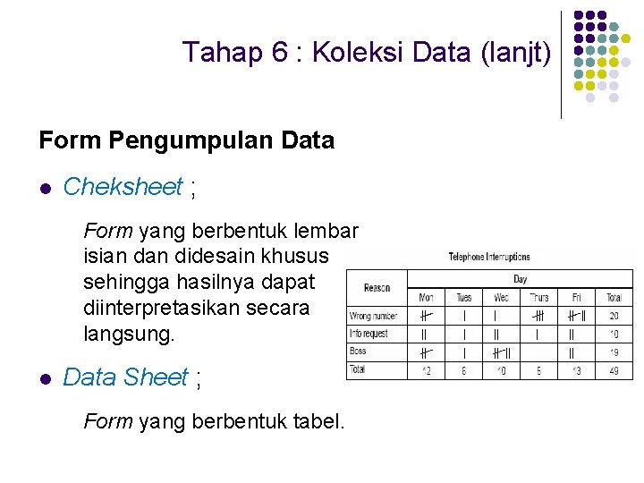 Tahap 6 : Koleksi Data (lanjt) Form Pengumpulan Data l Cheksheet ; Form yang