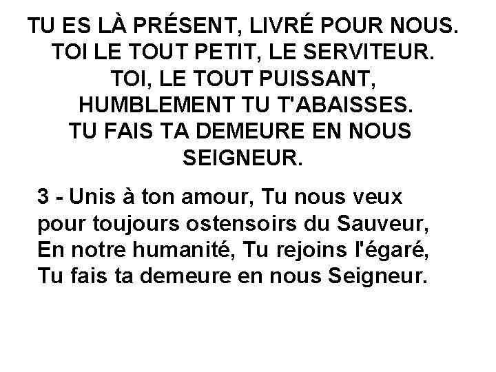 TU ES LÀ PRÉSENT, LIVRÉ POUR NOUS. TOI LE TOUT PETIT, LE SERVITEUR. TOI,