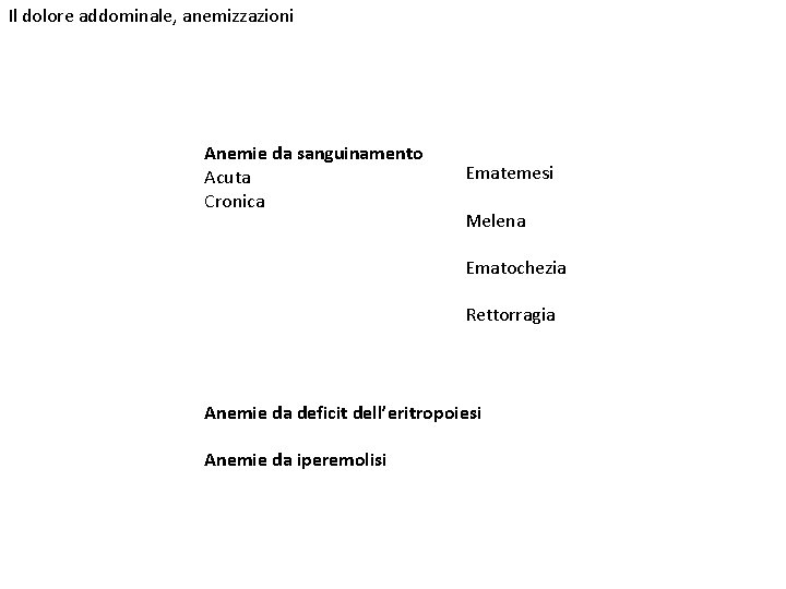 Il dolore addominale, anemizzazioni Anemie da sanguinamento Acuta Cronica Ematemesi Melena Ematochezia Rettorragia Anemie