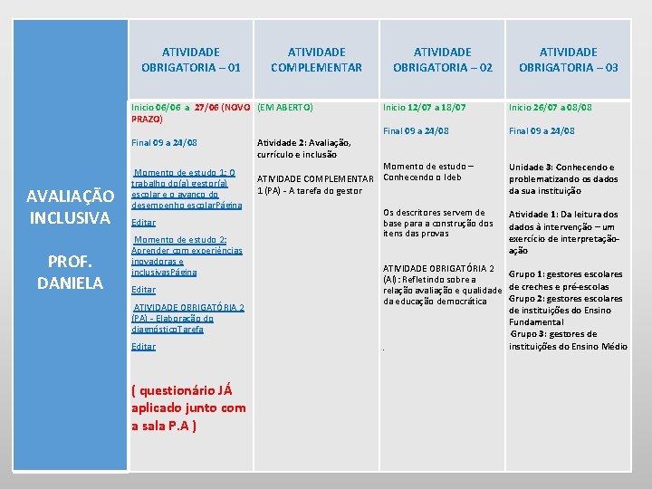 ATIVIDADE OBRIGATORIA – 01 ATIVIDADE COMPLEMENTAR Inicio 06/06 a 27/06 (NOVO (EM ABERTO) PRAZO)