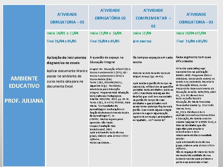 ATIVIDADE OBRIGATORIA – 01 ATIVIDADE OBRIGATÓRIA 02 COMPLEMENTAR – 02 PROF. JULIANA OBRIGATORIA –