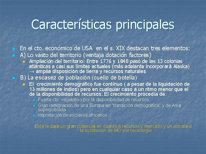 Características principales n n En el cto. económico de USA en el s. XIX