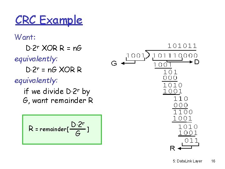 CRC Example Want: D. 2 r XOR R = n. G equivalently: D. 2