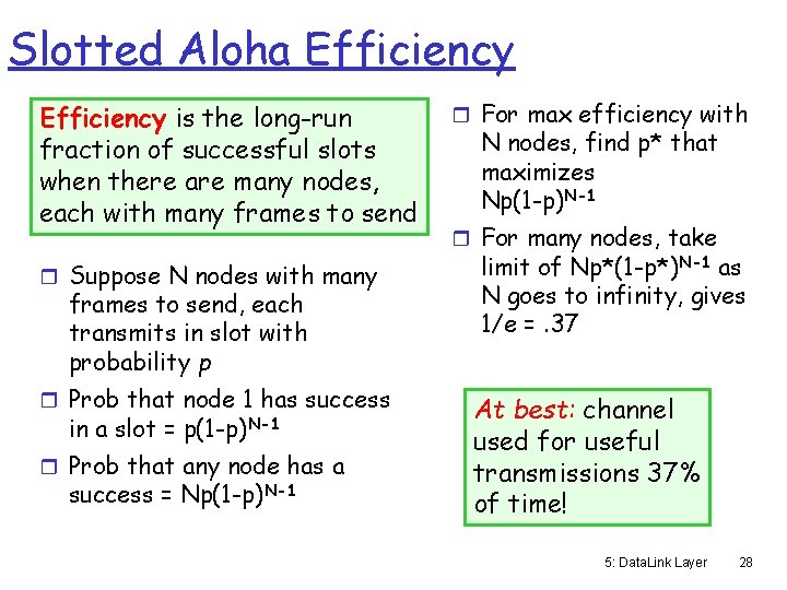 Slotted Aloha Efficiency is the long-run fraction of successful slots when there are many