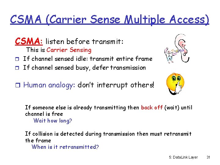 CSMA (Carrier Sense Multiple Access) CSMA: listen before transmit: This is Carrier Sensing r