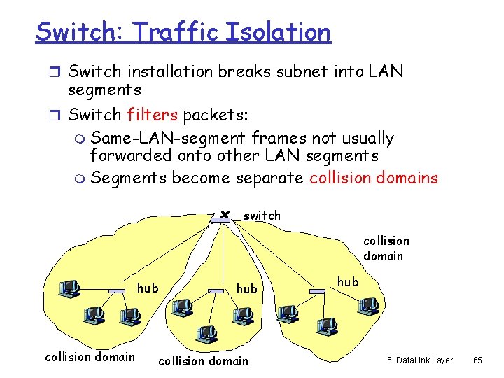 Switch: Traffic Isolation r Switch installation breaks subnet into LAN segments r Switch filters